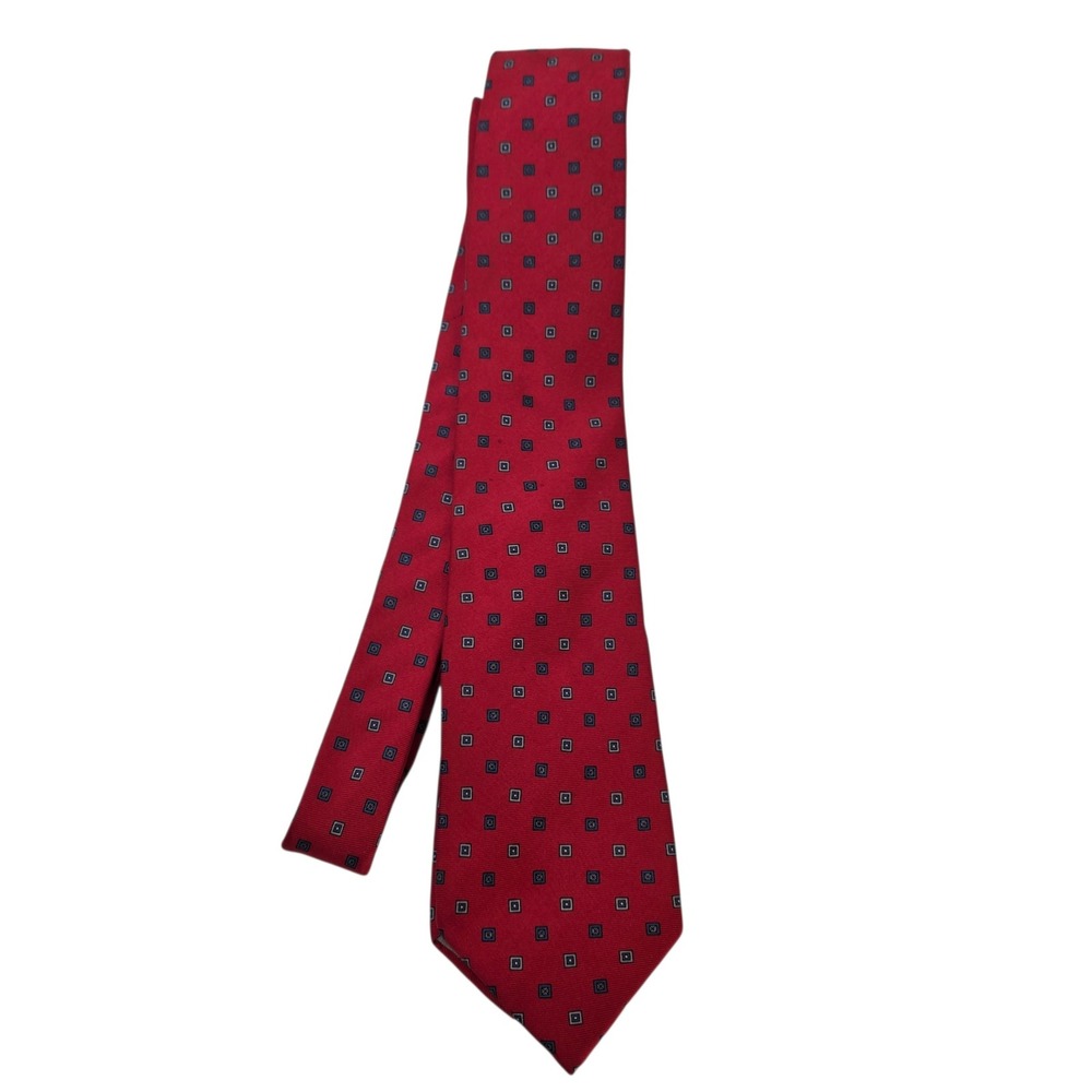 Vintage Christian Dior Tie Red Silk Geometric Square Pattern Mens Luxury Necktie